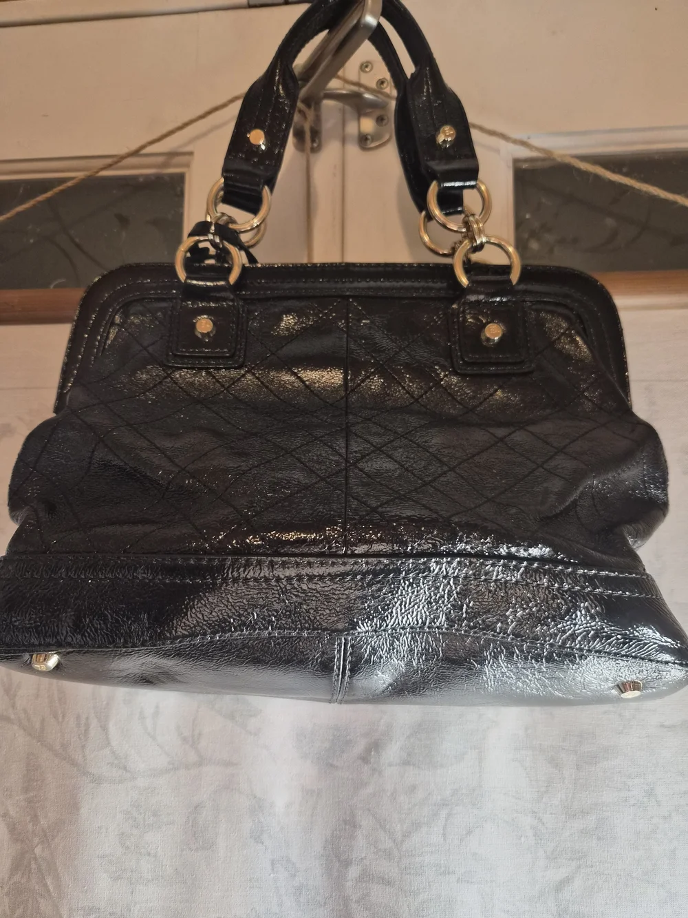 Elliott Lucca Black Patent Leather Satchel Shoulder Bag Gold Hardware EUC